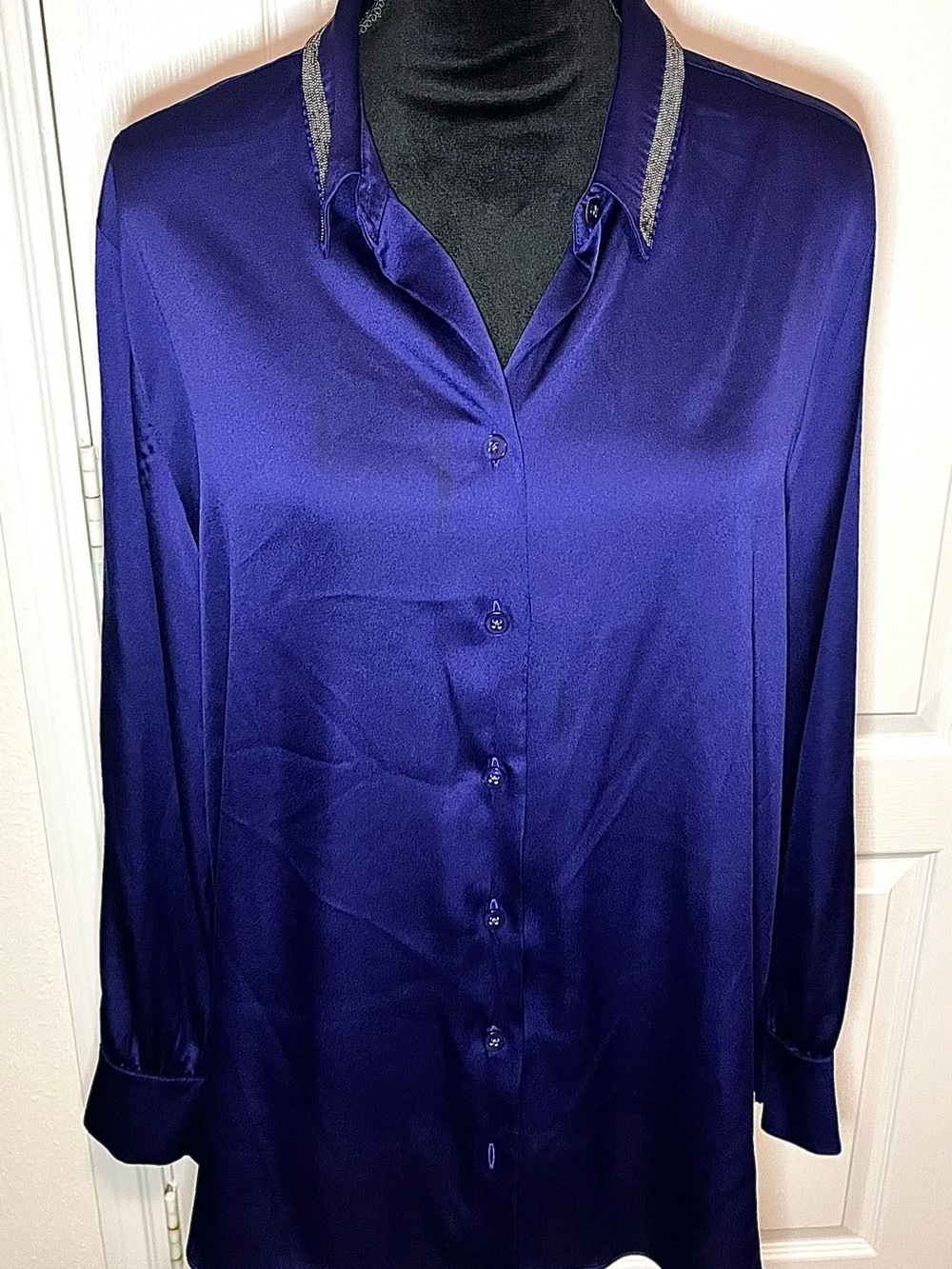 Chico's Satin Button-Down Blouse in Royal Blue with Silver Trim